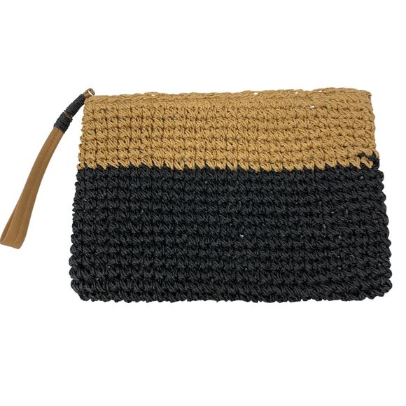 Parfois Straw Effect Envelope Clutch Purse Tan Black 11.5" X 8.5" Wristlet Strap - Picture 1 of 7